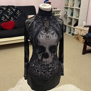 Black and Gray Skull Lace Top